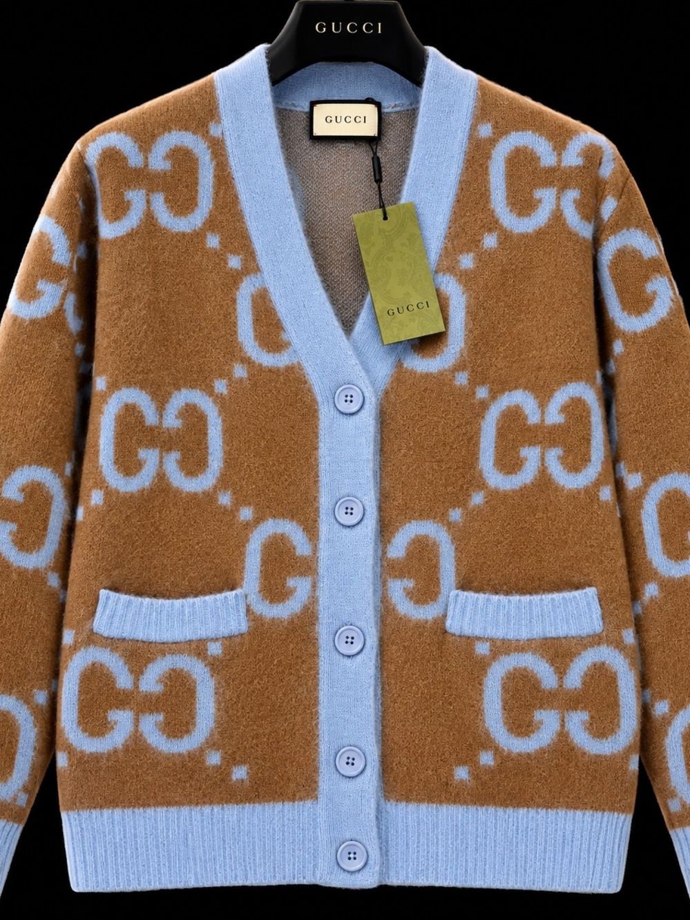 Gucci Women’s Blue Trim Brown GG Cardigan Sweater